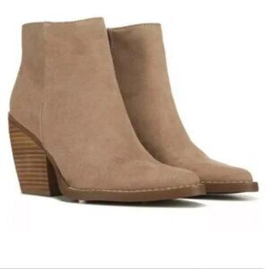 Madden Girl ankle boots Klicck Klick suede taupe tan block heel pointed toe 10